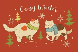 Postcard with cats in scarves and the inscription cozy winter. Vector graphics.