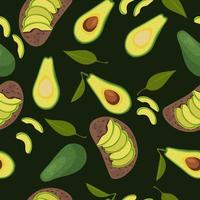 Seamless avocado pattern. Avocados and sandwiches with avocados on a dark green background. Vector graphics.