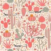 Seamless pattern with cacti and lizards. Vector graphics.