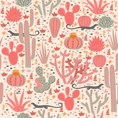 Seamless pattern with cacti and lizards. Vector graphics.