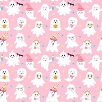 Cute pink halloween ghost seamless pattern. Creepy baby boo characters with different emotions, facial expressions and accessories.