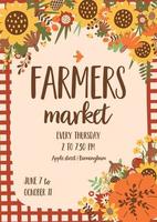 Harvest Festival poster. Autumn fest banner decorated pumpkin, sunflowers, fall leaves. Fall harvest vector illustration. Fall farmers market banner design. Sunflower frame, card. Farm organic food.