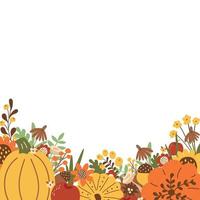 Harvest Festival poster. Vegatable frame. Autumn farm market festivel banner decorated pumpkin, sunflower fall leaves. Fall harvest vector illustration. Fall farmers market banner. Local organic food.