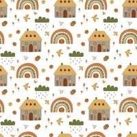 Autumn village pattern. Cute fall houses, rainbow, cloud, pumpkin, harvest elements, garden landscape vector illustration. Autumn countryside cottage. Fall houses seamless pattern, village background.