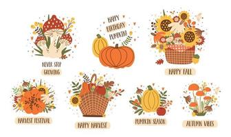 Harvest festival Pumpkin, sunflower, autumn leaves, flowers decorative harvesting element isolated on white vector illustration. Cartoon harvest festival, hand drawn harvest vegetables graphic design.