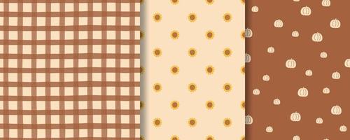 Boho fall patterns set. Sunflowers autumn pattern, checkered print, pumpkin pattern. Harvest fall background collection. Various autumn brown surface textile design, wallpaper. Vector illustration.