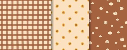 Boho fall patterns set. Sunflowers autumn pattern, checkered print, pumpkin pattern. Harvest fall background collection. Various autumn brown surface textile design, wallpaper. Vector illustration.