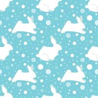 New Year rabbit pattern. New Year 2023 seamless background, textile, fabric design. Vector print with rabbits, hare, snowflakes. Cute winter holidays illustration. Polka dot. Blue winter print rabbits