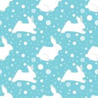 New Year rabbit pattern. New Year 2023 seamless background, textile, fabric design. Vector print with rabbits, hare, snowflakes. Cute winter holidays illustration. Polka dot. Blue winter print rabbits