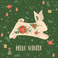 Christmas rabbit 2023. Floral new year rabbit symbol 2023 year. Hello winter hand drawn Merry Christmas card. Cute jumping rabbit into gifts, poinsettia, fir branch, snowflakes. Vector illustration.