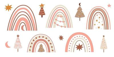 Pink Christmas rainbow set. Cute winter rainbows and Christmas trees collection isolated graphic element. New Year clipart. Pastel Christmas vector illustration. Hand drawn arch for winter holiday.