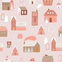 Pink Christmas houses pattern. Cute boho Christmas houses pastel Winter background New Year village textile design. Christmas city vector illustration. Hand drawn town landscape wallpaper pink fabric.