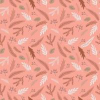 Pink Christmas floral pattern. Christmas botanical fir tree branches, hand drawn leaves. Pink winter holiday floral graphic design. Fabric, wallpaper, paper, background, texture. Vector illustration.