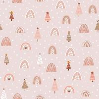 patrón de árbol de navidad de arco iris de navidad rosa. fondo de navidad pastel. lindo fondo de pantalla de invierno. fondo de invierno cubierto de nieve rosa. arco iris nórdico escandinavo. ilustración vectorial infantil del bosque. vector