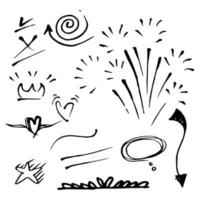 Vector hand drawn collection of design element. curly swishes, swoops, swirl, arrow, heart, love, crown, flower, star, firework, highlight text and emphasis element. use for concept design