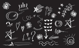 conjunto de fideos vectoriales de elemento de diseño. swishes rizados, swoosh, swoops, remolino, flecha, corazón, amor, corona, flor, estrella, fuegos artificiales, texto resaltado y elemento de énfasis. utilizar para el diseño de concepto vector