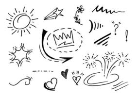 Vector hand drawn collection of design element. curly swishes, swoops, swirl, arrow, heart, love, crown, flower, star, firework, highlight text and emphasis element. use for concept design