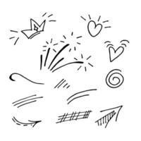 Vector hand drawn. doodles collection of curly arrow. swishes, swoops, swirl, heart, love, crown, firework, highlight text and emphasis element, use for concept design