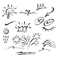 Vector hand drawn collection of design element. curly swishes, swoops, swirl, arrow, heart, love, crown, flower, star, firework, highlight text and emphasis element. use for concept design