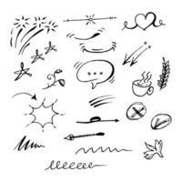 Vector hand drawn collection of design element. curly swishes, swoops, swirl, arrow, heart, love, crown, flower, star, firework, highlight text and emphasis element. use for concept design