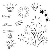 Vector hand drawn collection of design element. sun burst, curly swishes, swoops, swirl, arrow, heart, love, crown, star, firework, highlight text and emphasis element. use for concept design