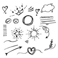 Vector hand drawn collection of design element. curly swishes, swoops, swirl, arrow, heart, love, crown, sunburst, star and emphasis element. use for concept design. vector illustration