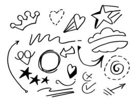 Vector hand drawn collection of doodle design element. curly swishes, swoops, swirl, arrow, heart, love, crown, star and emphasis element. use for concept design