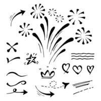 Vector hand drawn collection of design element. curly swishes, swoops, swirl, arrow, heart, love, crown, flower, star, firework, highlight text and emphasis element. use for concept design