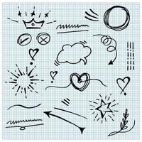 Vector hand drawn collection of design element. curly swishes, swoops, swirl, arrow, heart, love, crown, sunburst, star, cloud bubble, line and emphasis element. use for concept design