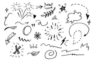 Vector hand drawn collection of design element. curly swishes, swoops, swirl, arrow, heart, love, crown, flower, star, firework, highlight text and emphasis element. use for concept design