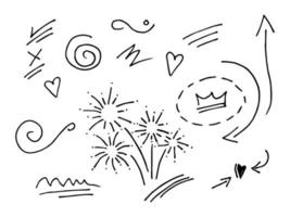 Vector hand drawn collection of design element. curly swishes, swoops, swirl, arrow, heart, love, crown, flower, star, firework, highlight text and emphasis element. use for concept design