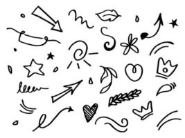 Vector hand drawn collection of design element. curly swishes, swoops, swirl, arrow, heart, love, crown, ribbon, flower, star, highlight text and emphasis element. use for concept design