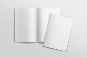 Realistic top view cover and opened portrait A4 or A5 magazine or brochure booklet for stationery and branding. Mockup template isolated light grey background and leaf shadow overlay. 3D rendering. photo