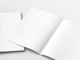 Realistic top view cover and opened portrait A4 or A5 magazine or brochure booklet for stationery and branding. Mockup template isolated light grey background and leaf shadow overlay. 3D rendering. photo