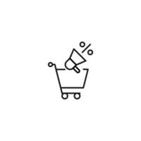 Selling, purchase, shopping concept. Vector sign suitable for web sites, stores, shops, articles, books. Editable stroke. Line icon of loudspeaker in shopping cart