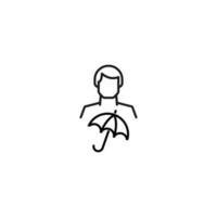Monochrome sign drawn with black thin line. Modern vector symbol perfect for sites, apps, books, banners etc. Line icon of umbrella next to faceless man