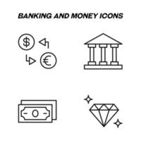 Monochrome isolated symbols drawn with black thin line. Perfect for stores, shops, adverts. Vector icon set with signs of dollar and euro exchange, court, bank, money, currency, diamond