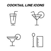 Monochrome isolated symbols drawn with black thin line. Perfect for stores, shops, adverts. Vector icon set with signs of swizzle sticks and cocktails in glasses