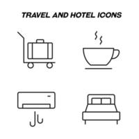 Monochrome isolated symbols drawn with black thin line. Perfect for stores, shops, adverts. Vector icon set with signs of baggage, luggage, bed, air conditioner