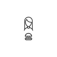 Vector signs drawn in flat style with thin black line. Editable stroke. Suitable for adverts, books, articles, banners. Line icon of burger next to faceless woman