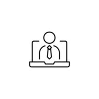 Simple black and white illustration drawn with thin line. Perfect for advertisement, internet shops, stores. Editable stroke. Vector line icon of office worker on laptop monitor