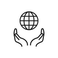 Support, present and charity concept. Modern vector sign drawn with black thin line. Editable stroke. Vector line icon of planet, earth or globe over outstretched hands