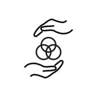 Support and gift signs. Minimalistic isolated vector image for web sites, shops, stores, adverts. Editable stroke. Vector line icon of intersected circles between outstretched hands
