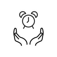 Support, present and charity concept. Modern vector sign drawn with black thin line. Editable stroke. Vector line icon of alarm clock over outstretched hands