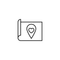 Art, picture, image concept. Simple monochrome isolated sign. Editable stroke. Vector line icon of heart inside of geotag on paper sheet