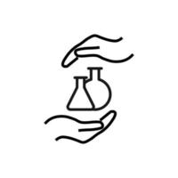 Support and gift signs. Minimalistic isolated vector image for web sites, shops, stores, adverts. Editable stroke. Vector line icon of laboratory bulbs between outstretched hands