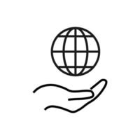 Gift, charity, support symbol. Vector sign drawn with black line. Monochrome image for adverts, banners, stores etc. Line icon of Earth planet over outstretched hand