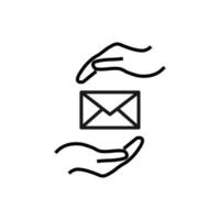 Support and gift signs. Minimalistic isolated vector image for web sites, shops, stores, adverts. Editable stroke. Vector line icon of letter between outstretched hands