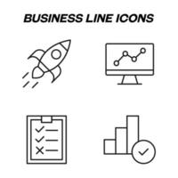 Monochrome isolated symbols drawn with black thin line. Perfect for stores, shops, adverts. Vector icon set with signs of rocket ship, progress line, contract, deal