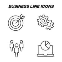 Monochrome isolated symbols drawn with black thin line. Perfect for stores, shops, adverts. Vector icon set with signs of target, gear, cogwheel, staff, pie chart on laptop